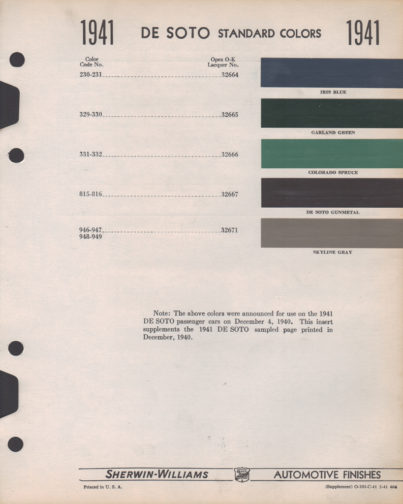 1941 DeSoto Paint Charts Williams 2